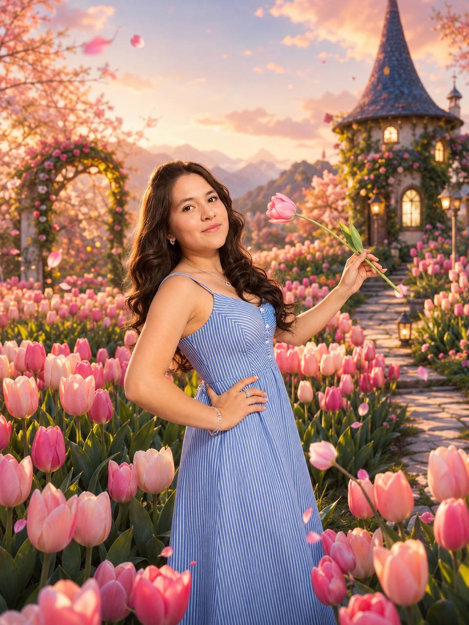 Renata en un jardín de tulipanes