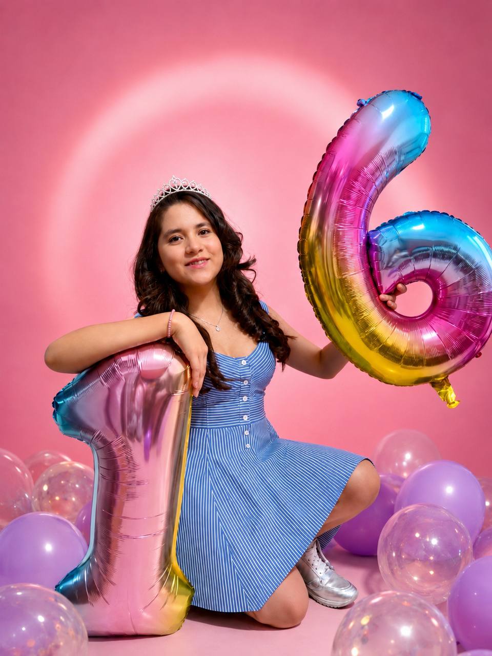 Renata con globos metálicos de dieciséis años